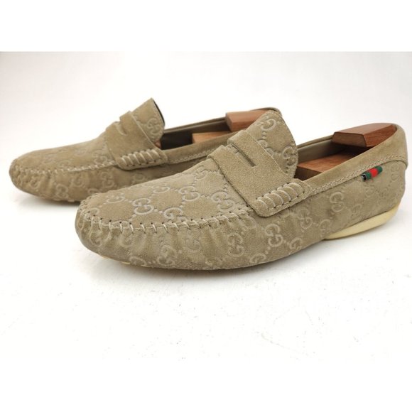 Gucci Guccissima Suede Embossed GG Beige Driving Loafers Size 8.5 US 9-9.5 - Picture 4 of 14